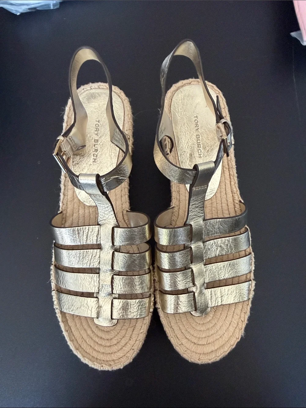 Tory Burch Metallic Gold Strappy Espadrille Sandals